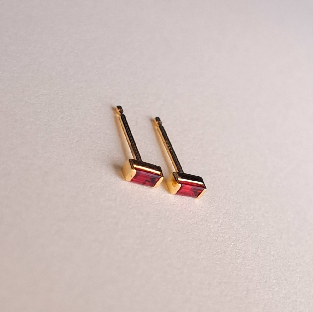Ruby Baguette Stud Earrings In Solid 14k Yellow G… - image 1